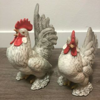 2 F L Dock Vintage Ceramic 11 " Proud Rooster/hen Feather Foot Chicken Figurines