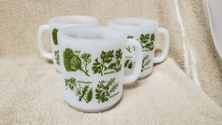 Vintage Glasbake Cups Coffee Mug Milk Glass White Green Herbs Retro Set Of (3)