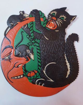 Vintage Halloween Beistle Diecut: Black Cat,  Mice,  Moon