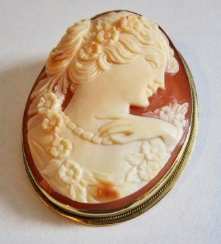 Vintage Del Gatto 14k Yellow Gold Carved Shell Cameo Brooch Pendant