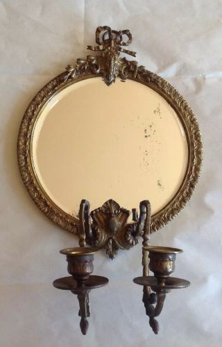 Antique Gilt Bronze Mirror Double Candle Sconce Satyr Head Bow Arms Beveled 16 " T
