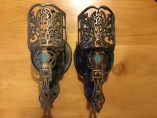 Pair Antique Vintage Bronze Ornate Electric Wall Sconce Lamp
