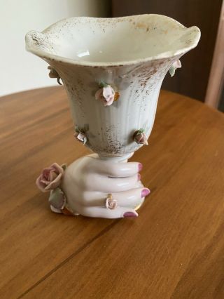 Vintage Ceramic Hand Holding Stemmed Vase Goblet With Pink Flowers