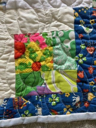 Handmade 70s Vtg Polyester QUILT Bright Floral/ Patchwork O.  A.  K 71x87 2