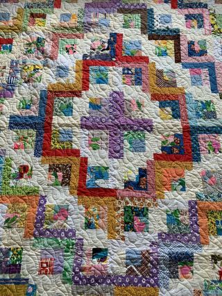 Handmade 70s Vtg Polyester QUILT Bright Floral/ Patchwork O.  A.  K 71x87 3