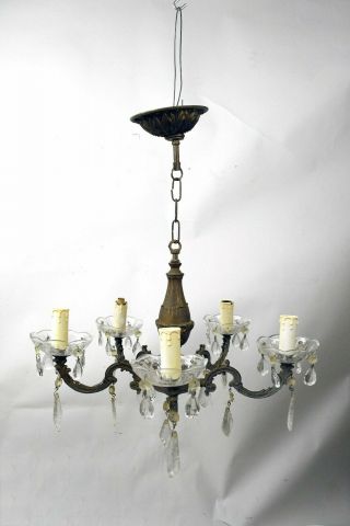 Antique Decorative 5 Arm Chandelier With Glass Bobeches And Crystals
