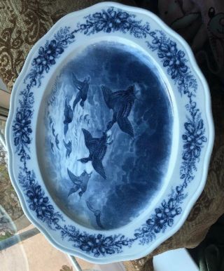 Vintage Or Antique Cauldon England Flow Blue Bird Platter 17”x 14”