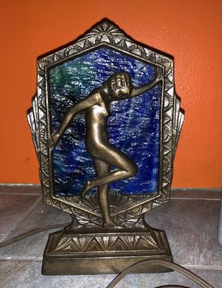 Vintage Art Deco Nude Lady Silhouette Figural Lamp Light With Blue / Green Glass