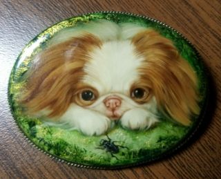 Japanese Chin Dog Handpainted Mother Of Pearl Pin Russian Signed Unique Handmade