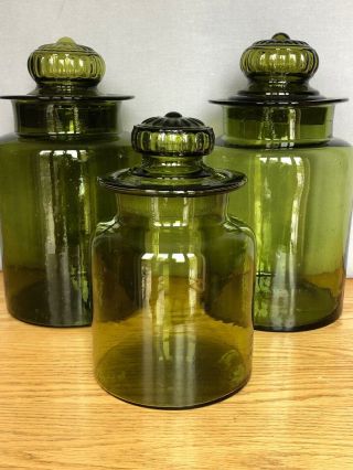 Vintage Green Blown Glass Apothecary Jar Canister Set Of 3 - Pressed Daisy Lids