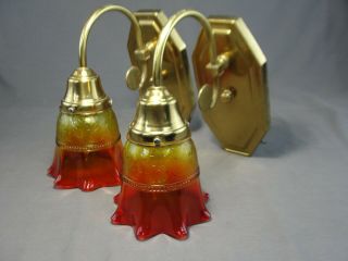 Pair Vintage Art Deco Style Wall Sconce Lights Amberina Red Yellow Glass Shades
