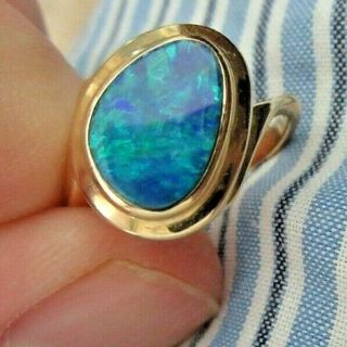 Vintage Signed 14k Yellow Gold & Aqua Color Gilson Created Opal Ring Size 6 1/2