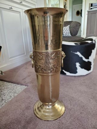 Vintage Heavy Brass Tall 23 " Umbrella Stand (or Vase) W/ Rings; Embossed