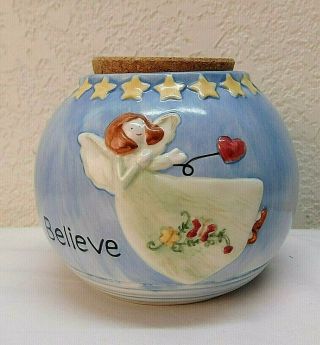 Believe Angel Ceramic Trinket Box Hand Painted Container Russ Berrie Collectable