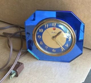 Vtg Art Deco 1930s Warren Telechron Electric Desk Clock Blue Glass