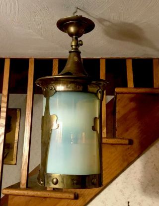 ANTIQUE VINTAGE CEILING LAMP HANGING PENDANT BRASS BLUE GLASS GOTHIC ART DECO 2