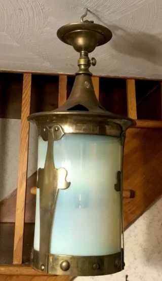 ANTIQUE VINTAGE CEILING LAMP HANGING PENDANT BRASS BLUE GLASS GOTHIC ART DECO 3