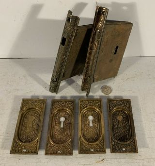 Set Antique Victorian Era Brass Double Pocket Door Mortise Locks & Pulls