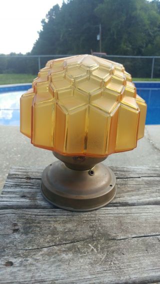 Vintage Art Deco Skyscraper Geometric Ceiling Amber Glass Globe Light Fixture