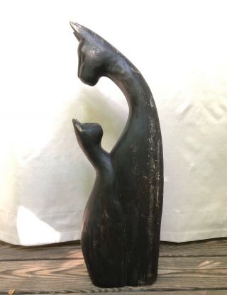 Large 23” Vintage Mid Century Hand Carved Black Wooden Cat With Adoring Kitten