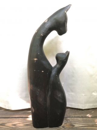 Large 23” Vintage Mid Century Hand Carved Black Wooden Cat With Adoring Kitten 2