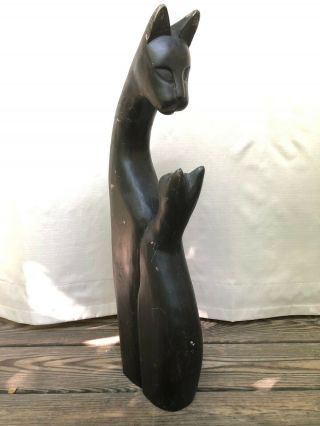 Large 23” Vintage Mid Century Hand Carved Black Wooden Cat With Adoring Kitten 3