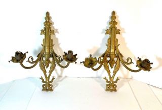 Pair Antique French Empire Regency Electric Brass Bronze Wall Lamps Sconces