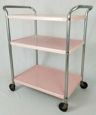 Mid - Century Pink Cosco Kitchen Trolley Cart Three Tier Rolling Bar Stand Vintage