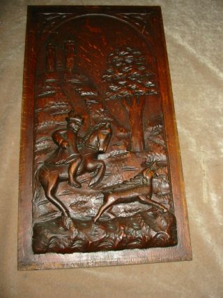 Solid Oak Hand Carved Panel Of Huntsman And Dog C1890 