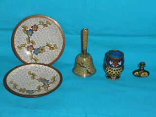 A Set Of 5 Cloisonné Items,  Saucer,  Bell,  Owl Toothpick Holder,  Miniature Bottle