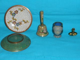 A Set of 5 cloisonné Items,  Saucer,  Bell,  Owl Toothpick Holder,  Miniature Bottle 2