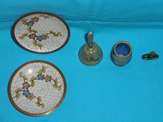 A Set of 5 cloisonné Items,  Saucer,  Bell,  Owl Toothpick Holder,  Miniature Bottle 3