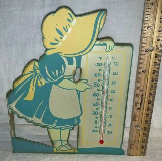 Antique Tin Litho Flange Weather Girl Thermometer Vintage 2 Sided Die Cut Garden
