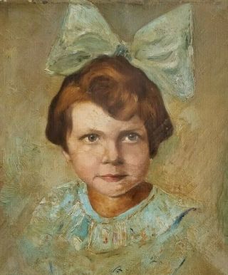 French Vintage Antique Portrait Painting Of A Girl With Bow
