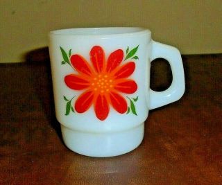 Vintage Fire King Coffee Cup Mug Milk Glass White W/ Red & Blue Flowers