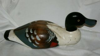 Vintage Carved Wood Hand Painted Duck Decoy - Glass Eyes