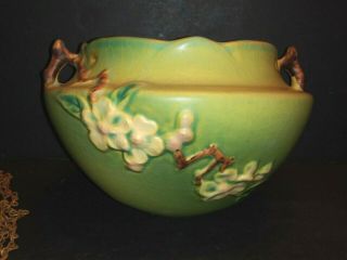 Vtg Roseville? Art Pottery Green Apple Blossom Daisy Hanging Basket Planter Usa