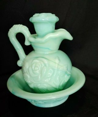 Vintage Avon Jadeite Green Swirl Milk Glass Rose Mini Bowl And Pitcher Set