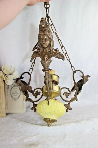 Antique French Faience Porcelain Brass Caryatid Lady Chandelier Pendant 1930 
