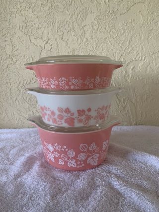 Set Of 3 Vintage Pyrex Casserole Dishes Pink Gooseberry 471 472 473 W/lids