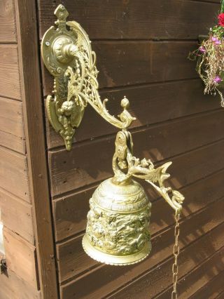 Vintage Large Brass Ornate Wall Hanging Bell With Cherubs