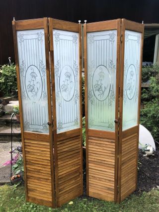 2 Vintage Wood Bifold Doors Shutter Divider Frosted Glass Floral Windows Set