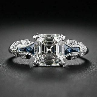 Art Deco Vintage Ring Engagement Wedding Ring Sapphire 2.  1 Ct Diamond 925 Silver