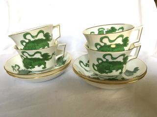 4 Vintage Wedgwood Chinese Tigers Green Teacups & Saucers