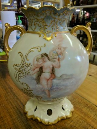 Vintage Antique J.  P.  L France Hand Painted Vase Roses Cherub Angel