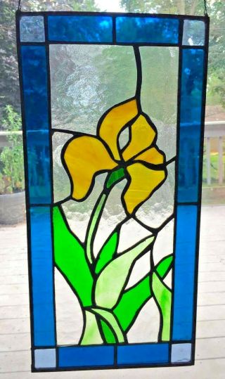 Vintage Stained Glass Window Leaded Glass Iris Flower Blue Green Yellow