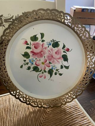 Vintage Round Toleware Hand Painted Tray Nashco Signed Floral Roses
