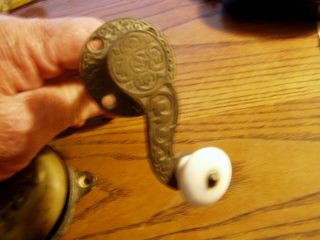 Antique Brass Corbins Doorbell & Cast Brass /porcelain crank handle 3