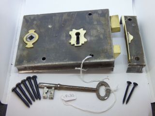 Antique Cast Iron Brass Trimmed Left Hand Rim Lock With Key (rl312)