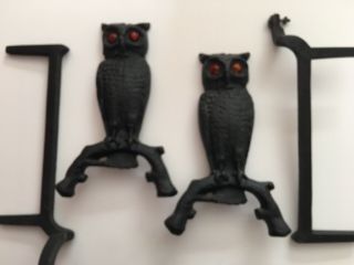 Antique Cast Iron Owl Andirons Fireplace Amber Glass Eyes